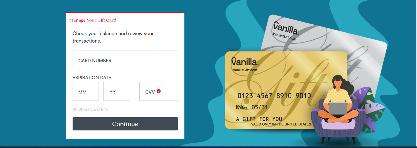 Input your Vanilla gift card number, expiration date and CVV code