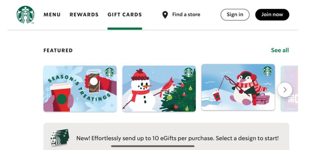 Check Starbucks Gift Card Balance on Gift Card Page
